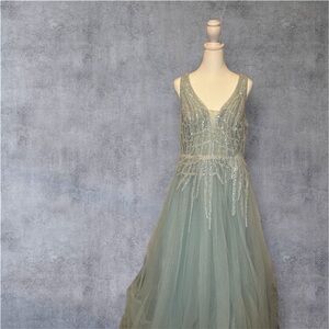 Glamorous Beaded Evening Dress in Teal and Silver